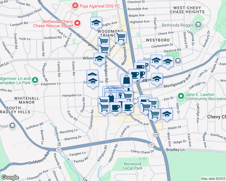 map of restaurants, bars, coffee shops, grocery stores, and more near 4901 Montgomery Lane in Bethesda
