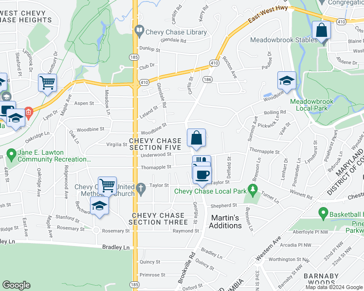 map of restaurants, bars, coffee shops, grocery stores, and more near 3706 Williams Lane in Chevy Chase