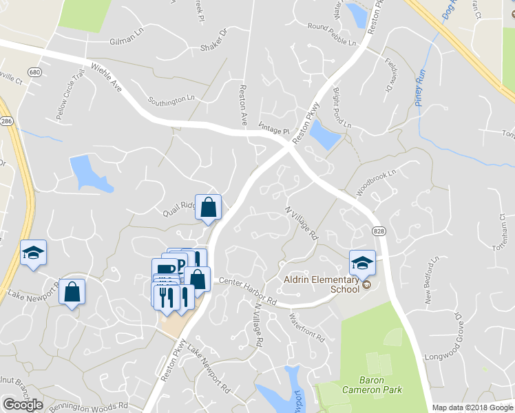 map of restaurants, bars, coffee shops, grocery stores, and more near 1418 Park Garden Lane in Reston