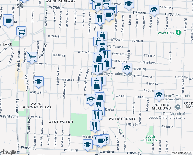 map of restaurants, bars, coffee shops, grocery stores, and more near 7953 Wornall Rd in Kansas City