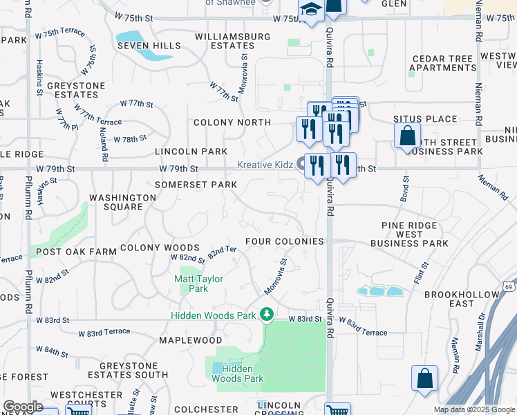 map of restaurants, bars, coffee shops, grocery stores, and more near 8001 Monrovia Street in Lenexa