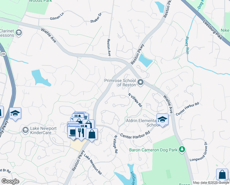 map of restaurants, bars, coffee shops, grocery stores, and more near 1418 Park Garden Lane in Reston