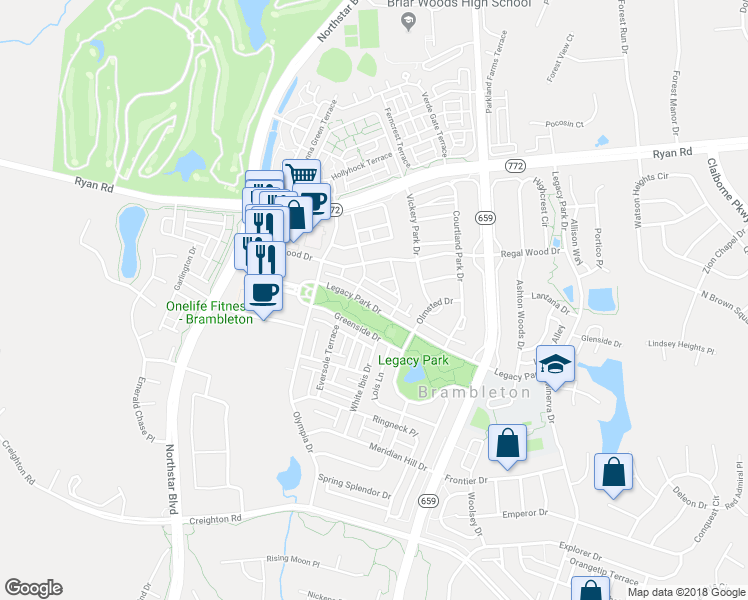 map of restaurants, bars, coffee shops, grocery stores, and more near 42502 Legacy Park Drive in Ashburn