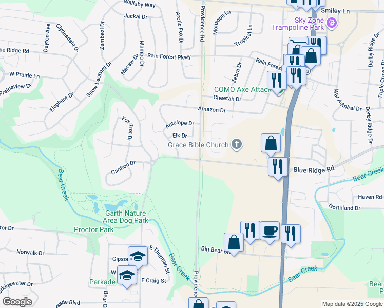 map of restaurants, bars, coffee shops, grocery stores, and more near 201 Blue Ridge Road in Columbia
