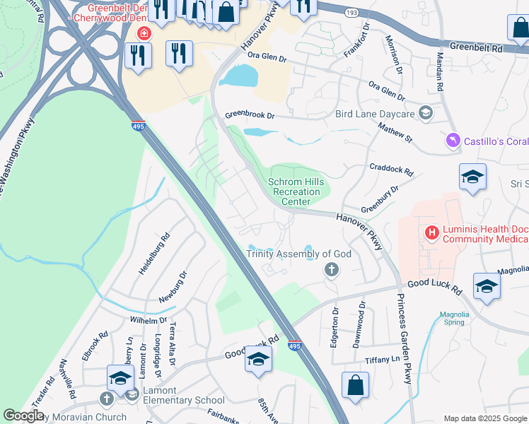 map of restaurants, bars, coffee shops, grocery stores, and more near 6930 Hanover Parkway in Greenbelt