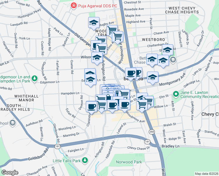 map of restaurants, bars, coffee shops, grocery stores, and more near 4901 Montgomery Lane in Bethesda
