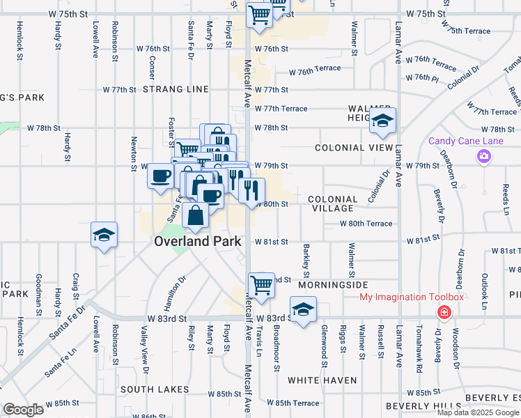 map of restaurants, bars, coffee shops, grocery stores, and more near 8045 Metcalf Avenue in Overland Park