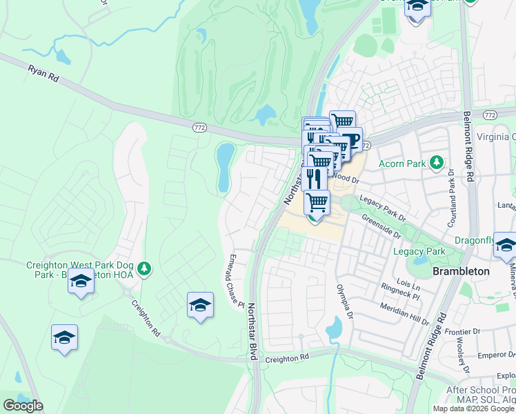 map of restaurants, bars, coffee shops, grocery stores, and more near 42255 Rachels Row Terrace in Ashburn