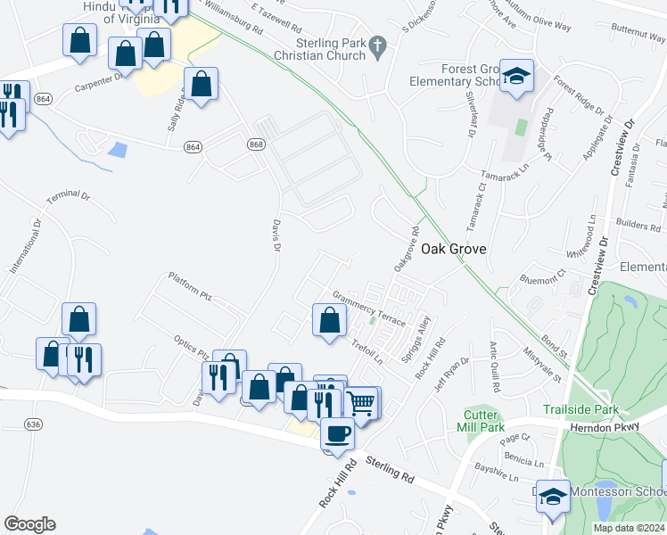 map of restaurants, bars, coffee shops, grocery stores, and more near 22851 Chestnut Oak Terrace in Sterling