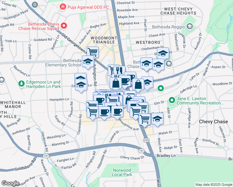map of restaurants, bars, coffee shops, grocery stores, and more near 2 Bethesda Metro Center in Bethesda