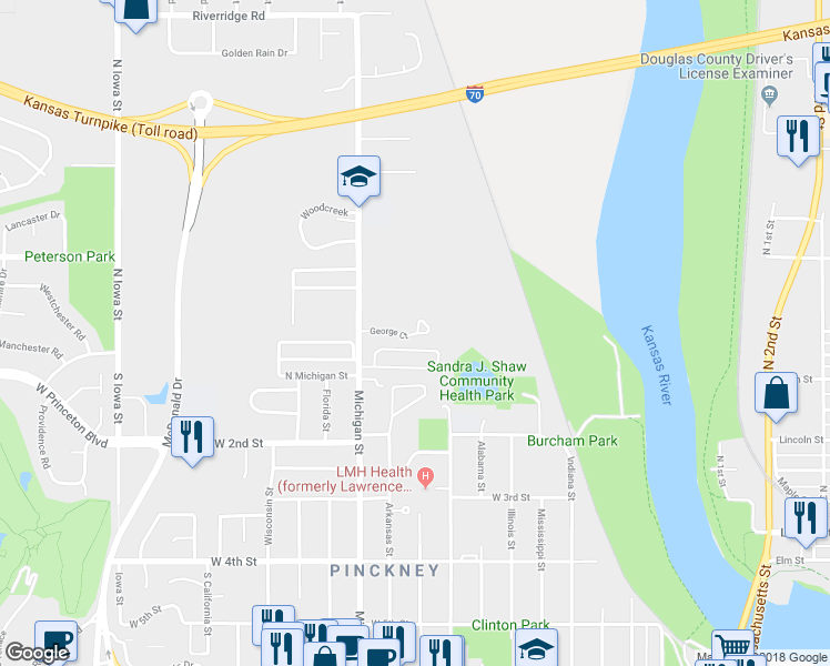 map of restaurants, bars, coffee shops, grocery stores, and more near 1112 George Court in Lawrence