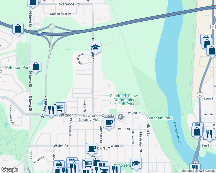 map of restaurants, bars, coffee shops, grocery stores, and more near 1106 George Court in Lawrence