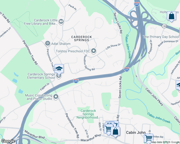map of restaurants, bars, coffee shops, grocery stores, and more near 7704 Hamilton Spring Road in Bethesda