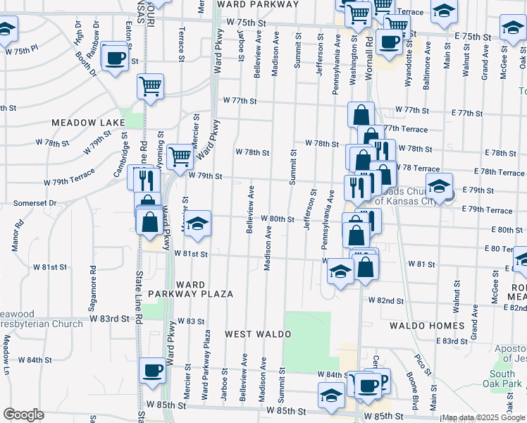 map of restaurants, bars, coffee shops, grocery stores, and more near 7946 Madison Avenue in Kansas City