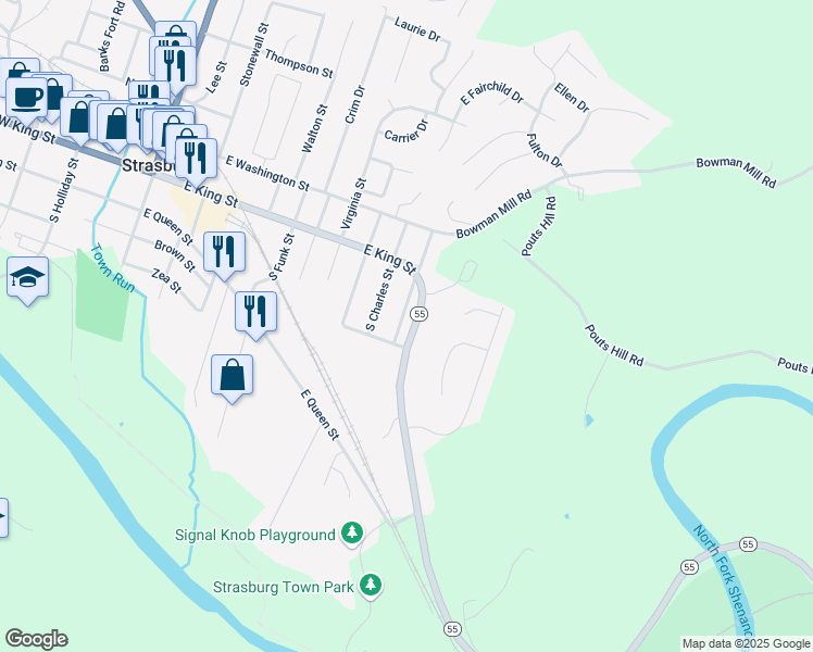 map of restaurants, bars, coffee shops, grocery stores, and more near 1051 Jackson Street in Strasburg