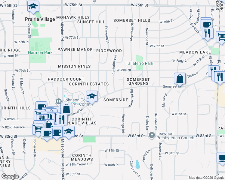 map of restaurants, bars, coffee shops, grocery stores, and more near 3217 Somerset Drive in Prairie Village