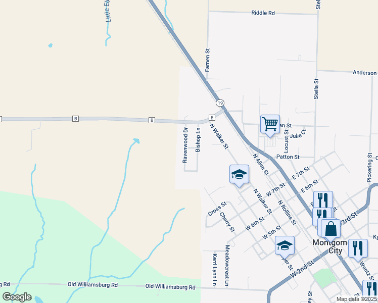 map of restaurants, bars, coffee shops, grocery stores, and more near 1051 Ravenwood Drive in Montgomery City