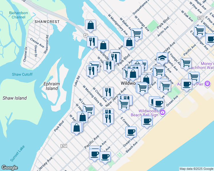map of restaurants, bars, coffee shops, grocery stores, and more near 5209 Arctic Avenue in Wildwood