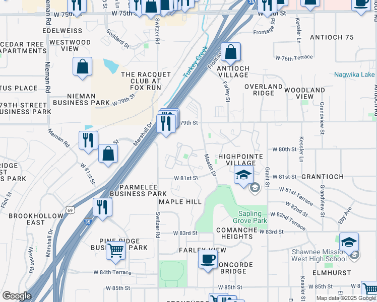 map of restaurants, bars, coffee shops, grocery stores, and more near 8000 Perry Street in Overland Park
