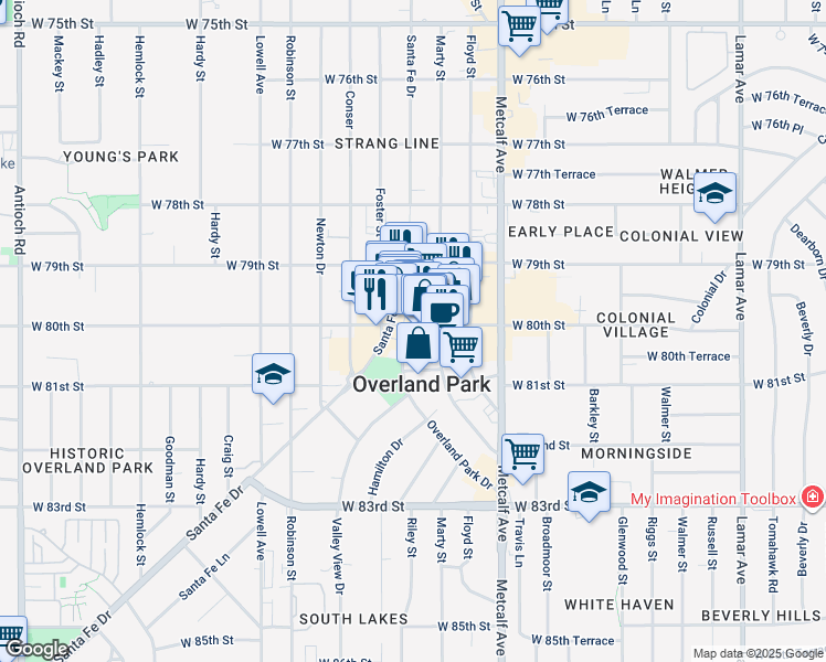 map of restaurants, bars, coffee shops, grocery stores, and more near 8007 Overland Park Drive in Overland Park