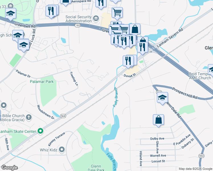 map of restaurants, bars, coffee shops, grocery stores, and more near Lanham Severn Road in Glenn Dale