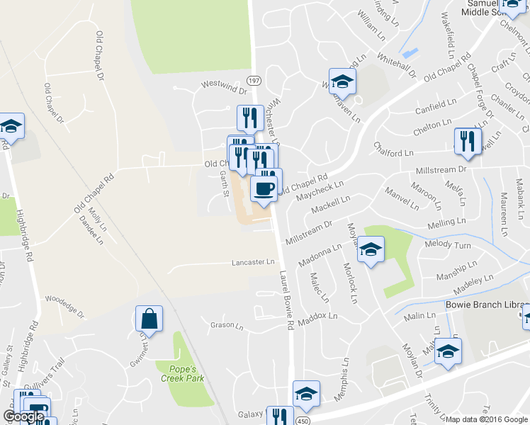 map of restaurants, bars, coffee shops, grocery stores, and more near 6710 Laurel Bowie Road in Bowie