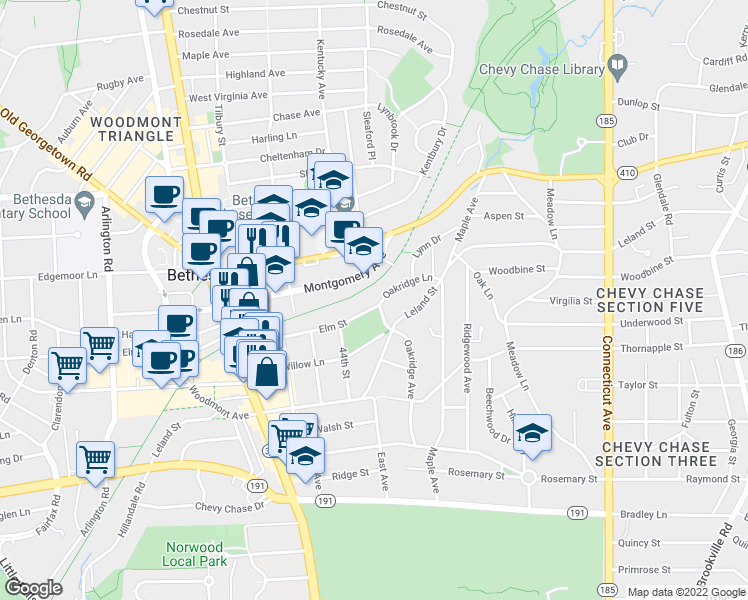 map of restaurants, bars, coffee shops, grocery stores, and more near 4227 Oakridge Lane in Chevy Chase