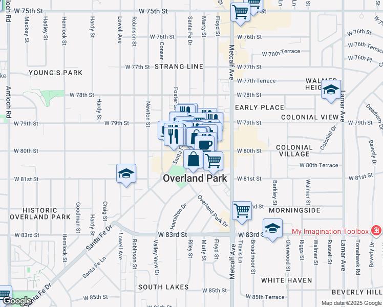 map of restaurants, bars, coffee shops, grocery stores, and more near 8007 Overland Park Drive in Overland Park