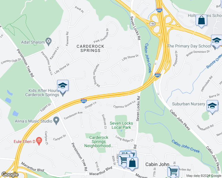 map of restaurants, bars, coffee shops, grocery stores, and more near 7614 Hamilton Spring Road in Bethesda