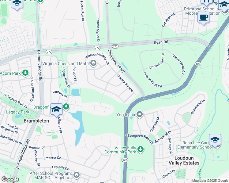 map of restaurants, bars, coffee shops, grocery stores, and more near 22896 North Brown Square in Ashburn