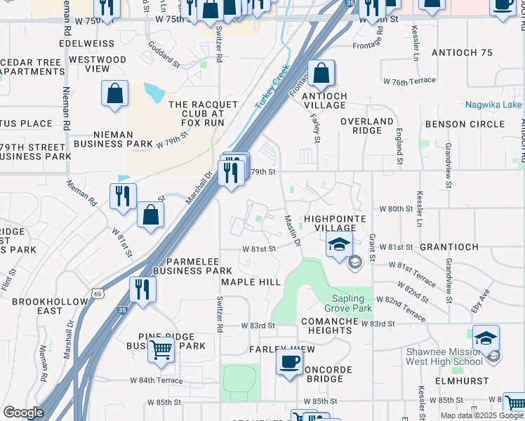 map of restaurants, bars, coffee shops, grocery stores, and more near 8000 Perry Street in Overland Park