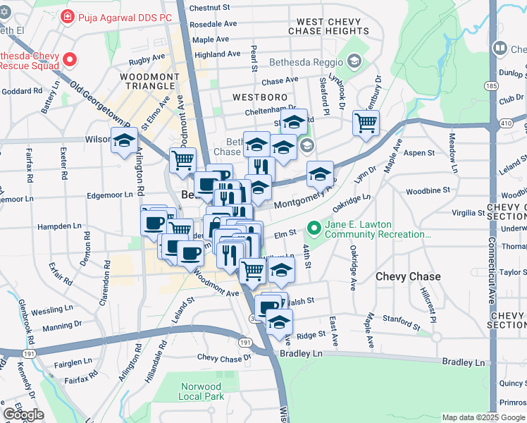 map of restaurants, bars, coffee shops, grocery stores, and more near 4550 Montgomery Avenue in Bethesda