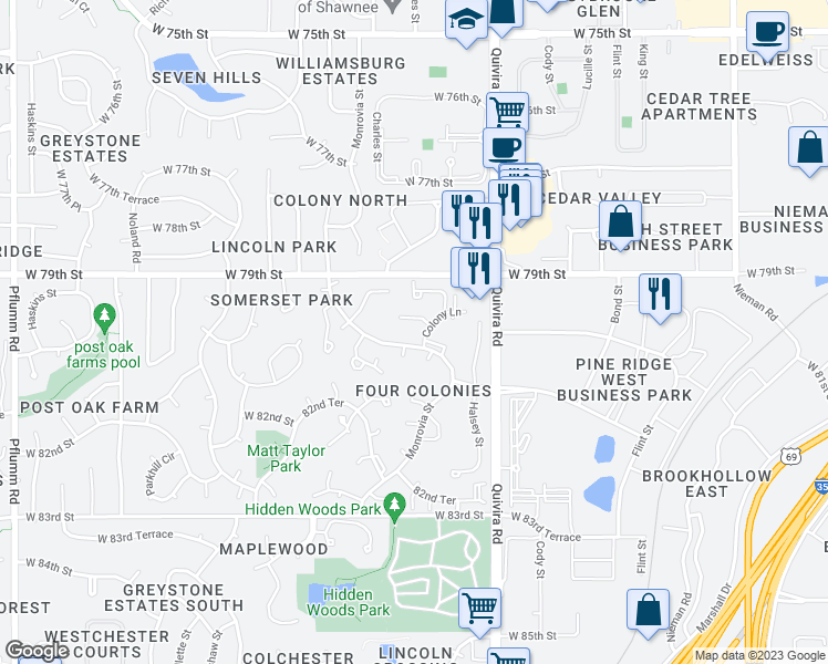 map of restaurants, bars, coffee shops, grocery stores, and more near 8052 Colony Lane in Lenexa