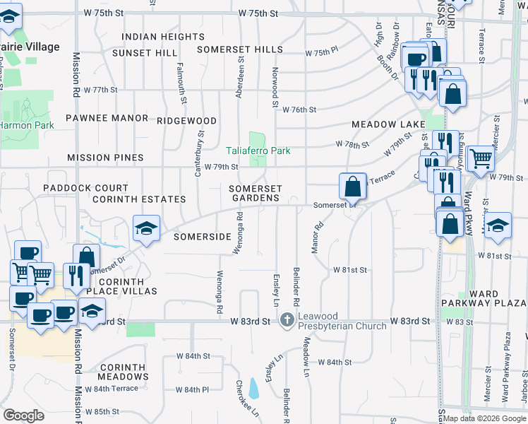 map of restaurants, bars, coffee shops, grocery stores, and more near 8001 Cherokee Lane in Leawood