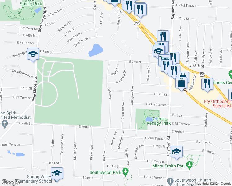 map of restaurants, bars, coffee shops, grocery stores, and more near 9357 East 77 Street in Raytown