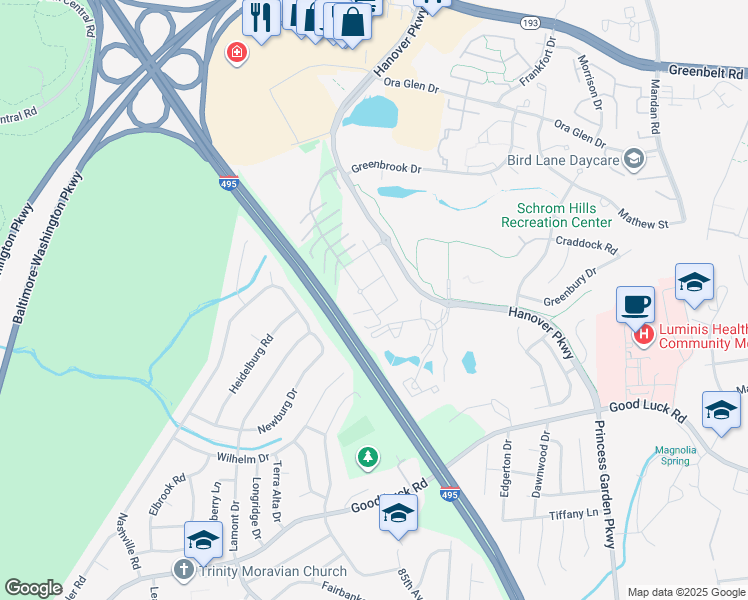 map of restaurants, bars, coffee shops, grocery stores, and more near 6950 Hanover Parkway in Greenbelt