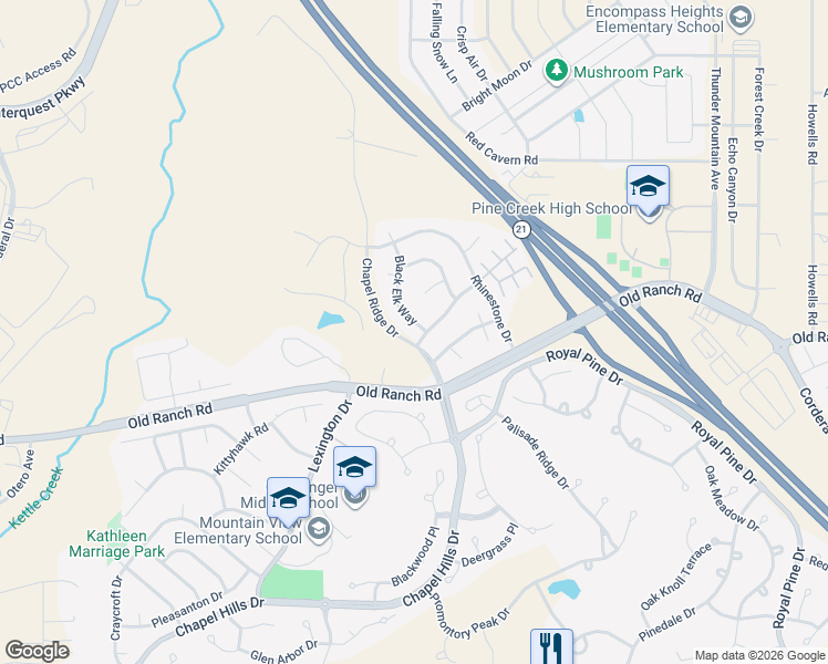 map of restaurants, bars, coffee shops, grocery stores, and more near 2943 Looking Glass Way in Colorado Springs
