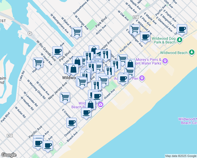 map of restaurants, bars, coffee shops, grocery stores, and more near 233 East Burk Avenue in Wildwood