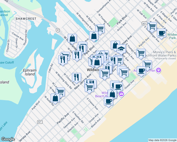 map of restaurants, bars, coffee shops, grocery stores, and more near 5010 New Jersey Avenue in Wildwood