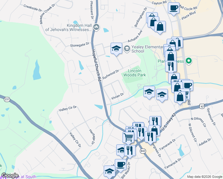 map of restaurants, bars, coffee shops, grocery stores, and more near 7518 Hopeful Road in Florence