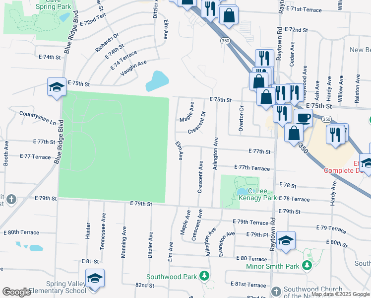 map of restaurants, bars, coffee shops, grocery stores, and more near 9351 East 77th Street in Raytown