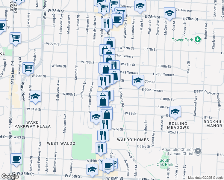 map of restaurants, bars, coffee shops, grocery stores, and more near 7953 Wornall Rd in Kansas City