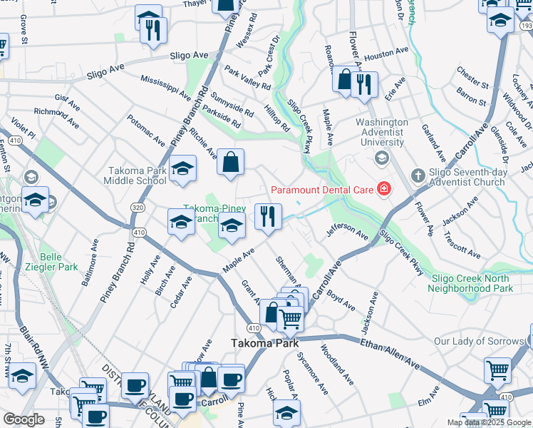 map of restaurants, bars, coffee shops, grocery stores, and more near 7610 Maple Avenue in Takoma Park