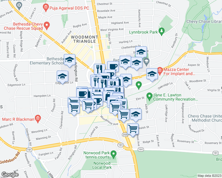 map of restaurants, bars, coffee shops, grocery stores, and more near 7401 Wisconsin Avenue in Bethesda