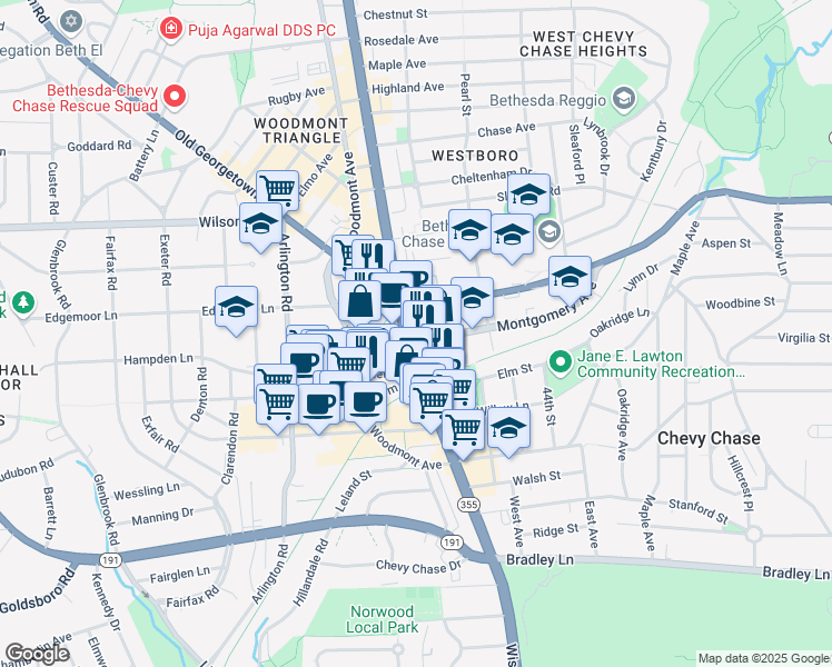 map of restaurants, bars, coffee shops, grocery stores, and more near 7401 Wisconsin Avenue in Bethesda