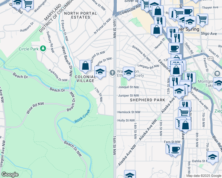 map of restaurants, bars, coffee shops, grocery stores, and more near 1600 Jonquil Street Northwest in Washington