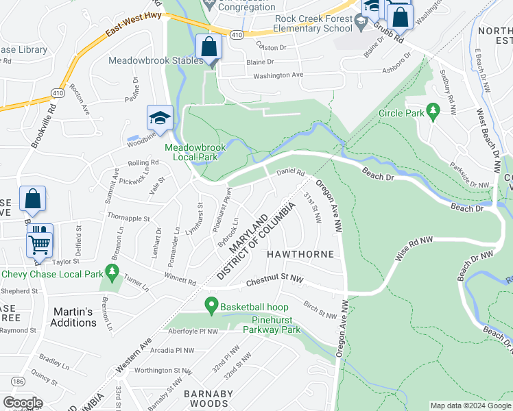 map of restaurants, bars, coffee shops, grocery stores, and more near 7404 Wyndale Lane in Chevy Chase