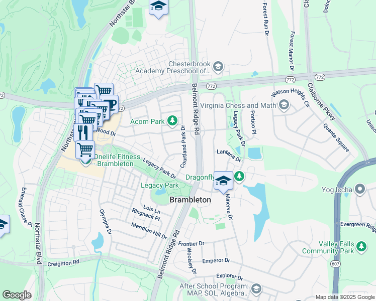 map of restaurants, bars, coffee shops, grocery stores, and more near 22870 Courtland Park Drive in Ashburn