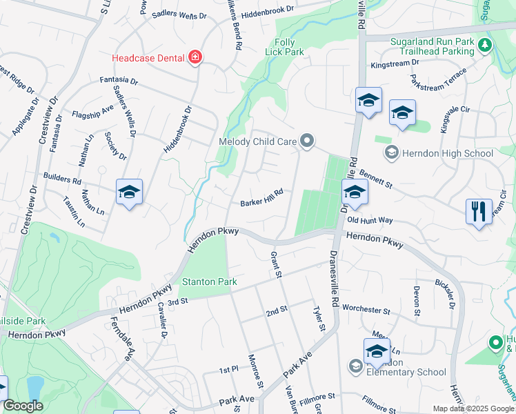 map of restaurants, bars, coffee shops, grocery stores, and more near 913 Barker Hill Road in Herndon