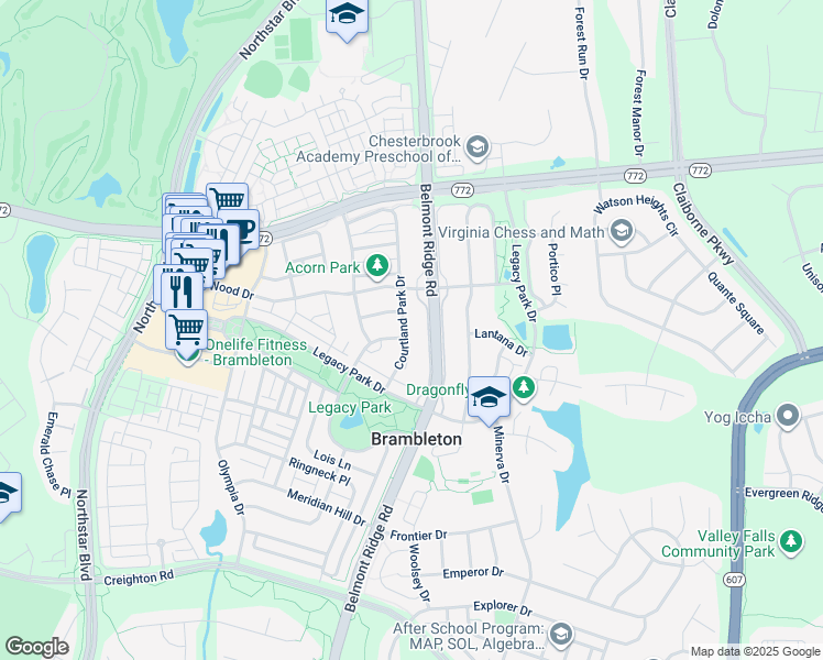 map of restaurants, bars, coffee shops, grocery stores, and more near 22870 Courtland Park Drive in Ashburn